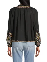 Clover Embroidered Split-Neck Top