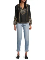 Clover Embroidered Split-Neck Top