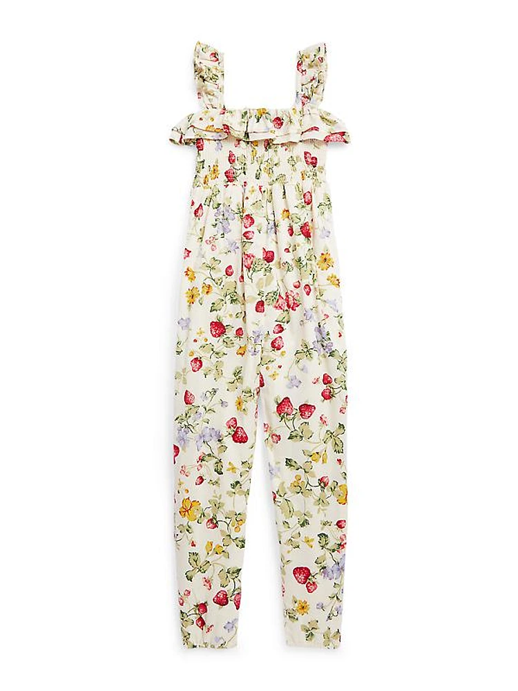 Big Girl's Floral & Strawberry Print Jumpsuit