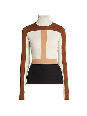 Light Wool Intarsia Fitted Turtleneck Colorblock Sweater