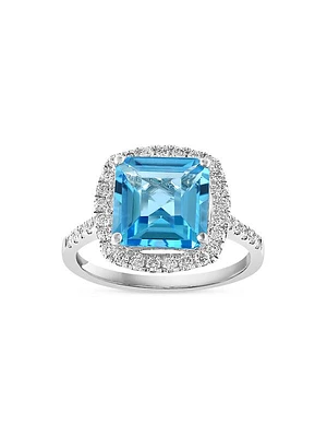 14K White Gold, Blue Topaz & 0.45 TCW Diamond Halo Ring