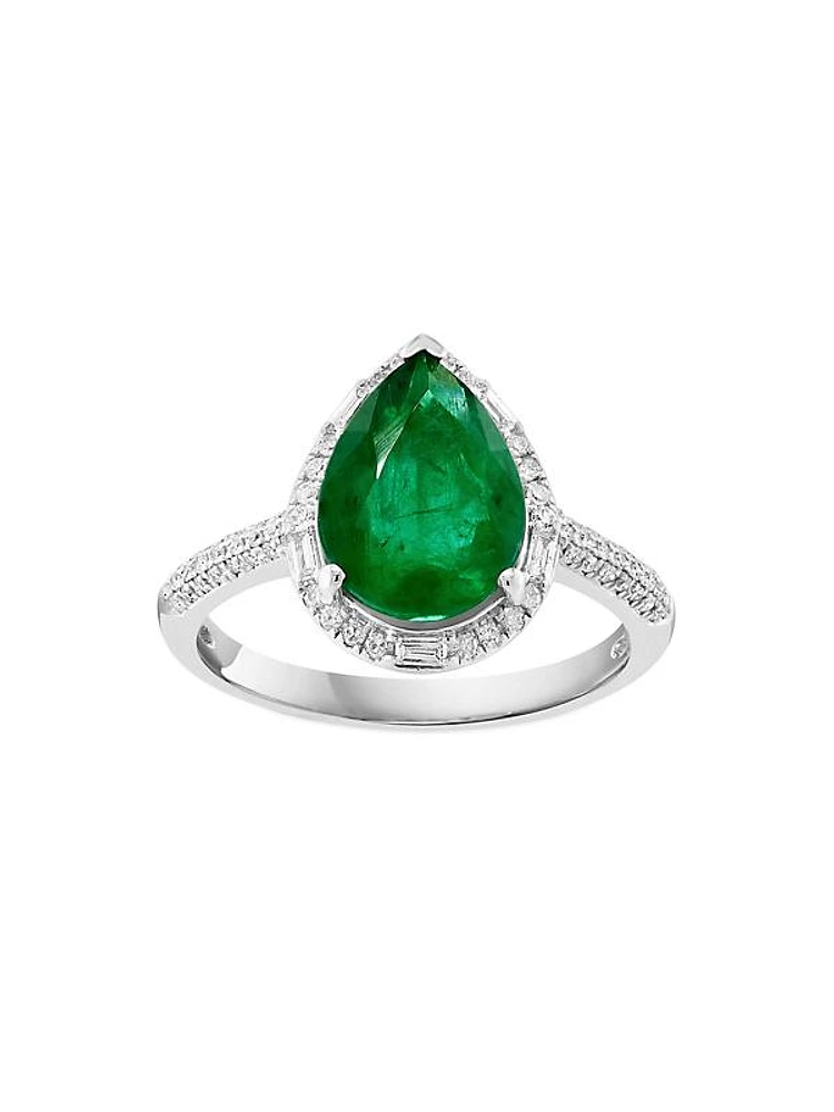 14K White Gold, Emerald & 0.28 TCW Diamond Halo Ring