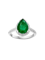 14K White Gold, Emerald & 0.28 TCW Diamond Halo Ring