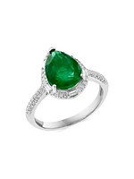 14K White Gold, Emerald & 0.28 TCW Diamond Halo Ring