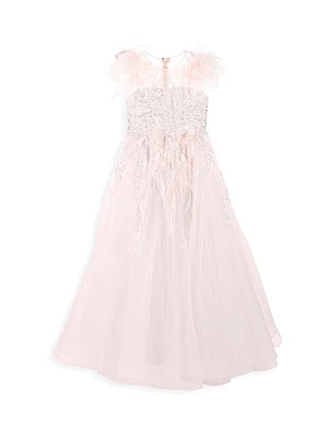 Little Girl's & Girl's Glitter-Embellished Feather-Trim Dress