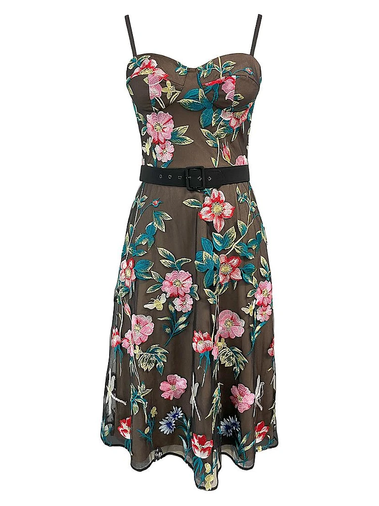 Carlita Belted Embroidered Midi-Dress