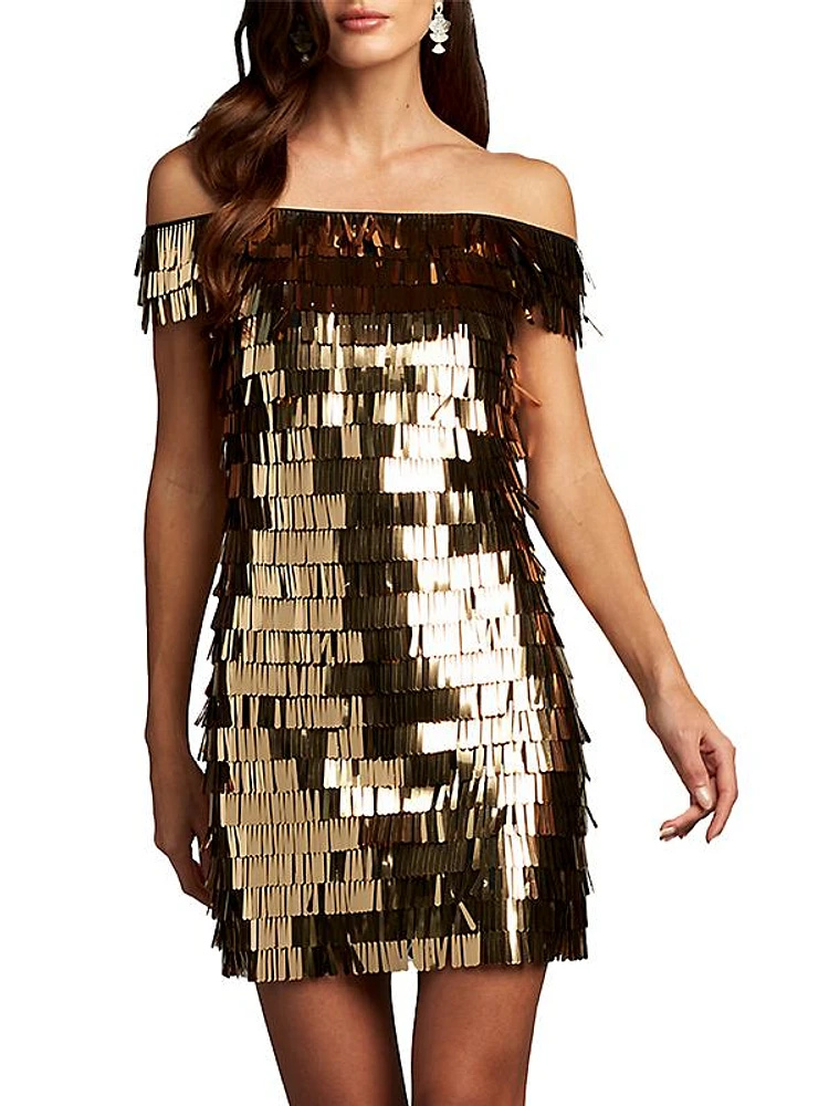 Sequin-Fringed Off-The-Shoulder Minidress