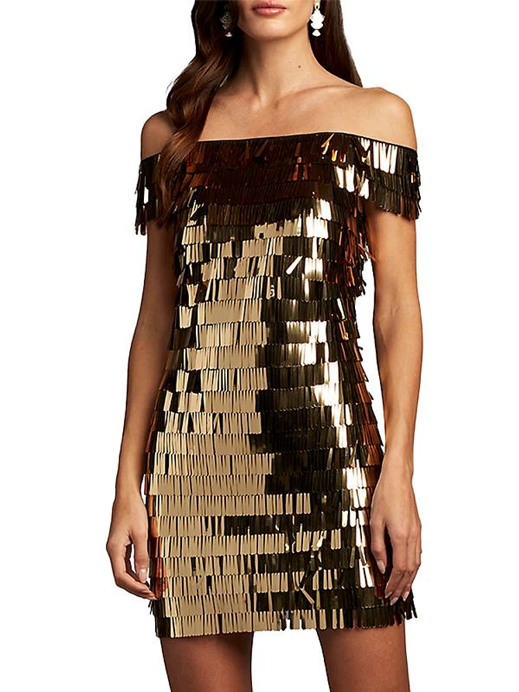 Sequin-Fringed Off-The-Shoulder Minidress