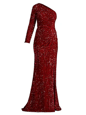 Ruched Sequined One-Sleeve Gown