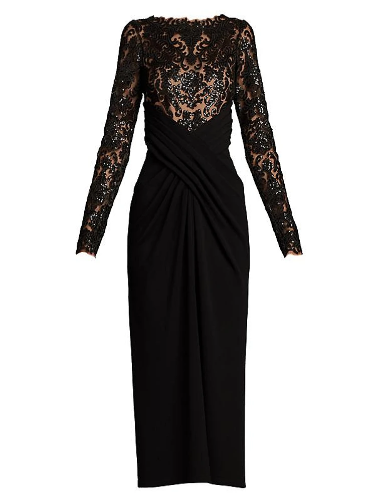 Sequined Lace Crepe Midi-Dress