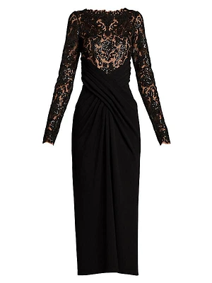 Sequined Lace Crepe Midi-Dress