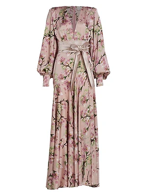 Carmen Floral Balloon-Sleeve Gown