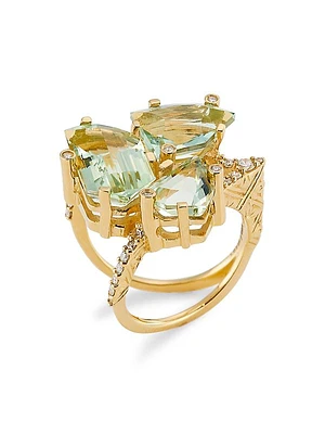 Luxury 18K Yellow Gold, Green Prasiolite & 0.4 TCW Diamond Ring