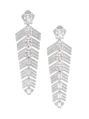 Ear Candy Rhodium-Plated & Cubic Zirconia Feather Drop Earrings