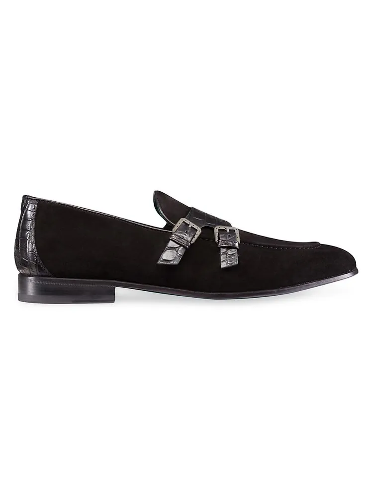 Crocodile and Suede Monk Strap Shoes