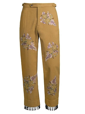 Autumn Royal Fringed Floral-Embroidered Trousers