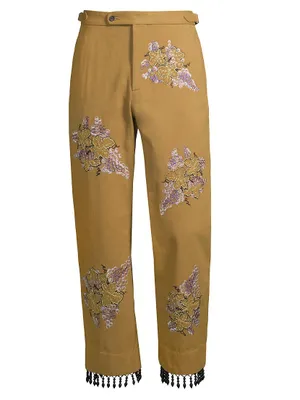 Autumn Royal Fringed Floral-Embroidered Trousers