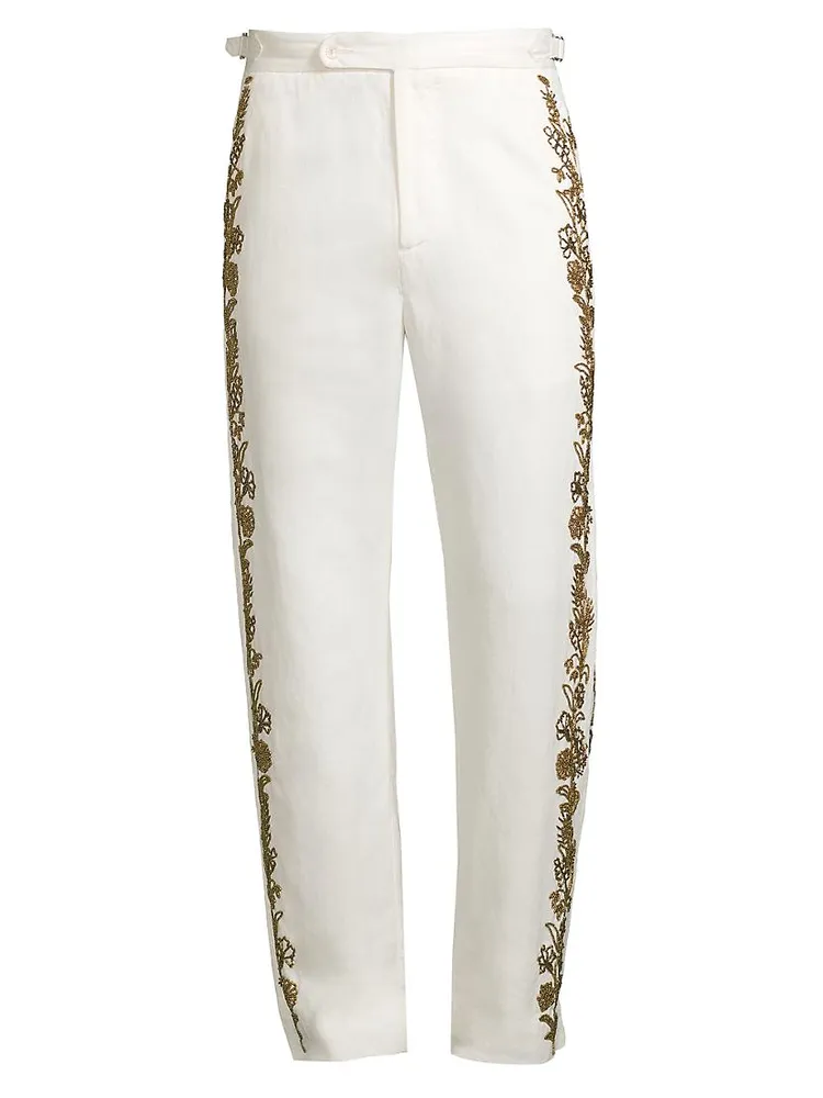 Bead-Embellished Linen-Cotton Trousers