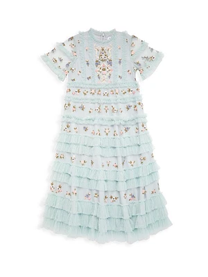 Little Girl's & Girl's Floral Embroidery Ruffle Trim Dress