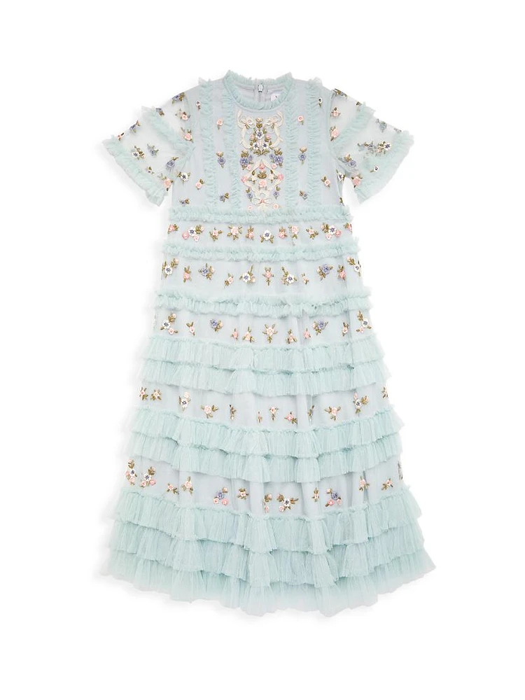 Little Girl's & Floral Embroidery Ruffle Trim Dress