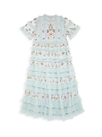 Little Girl's & Floral Embroidery Ruffle Trim Dress