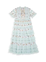 Little Girl's & Floral Embroidery Ruffle Trim Dress