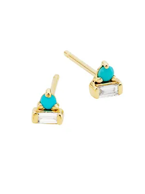 14K Yellow Gold, 0.12 TCW Diamond & Turquoise Triangle Stud Earrings