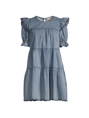 Denim Puff-Sleeve Tiered Minidress