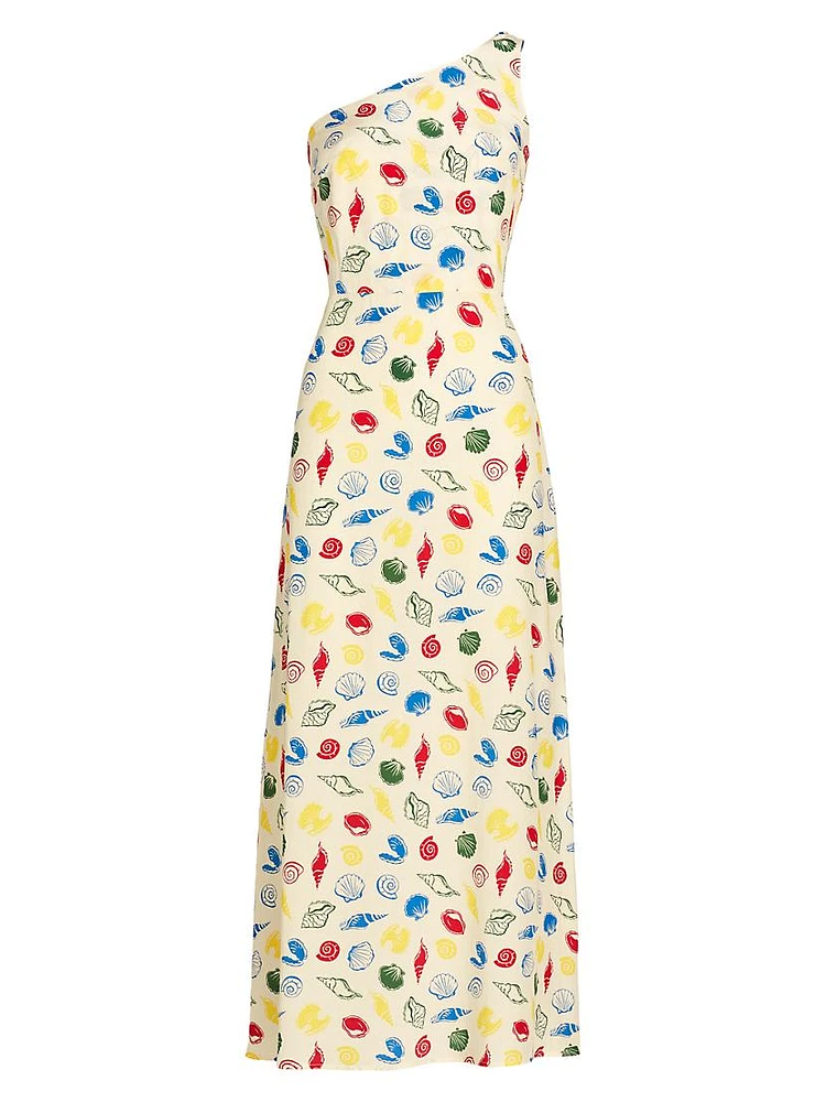 Elena Shell-Print One-Shoulder Midi-Dress