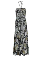 Snakeskin-Printed Halter Maxi Dress