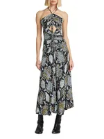 Snakeskin-Printed Halter Maxi Dress