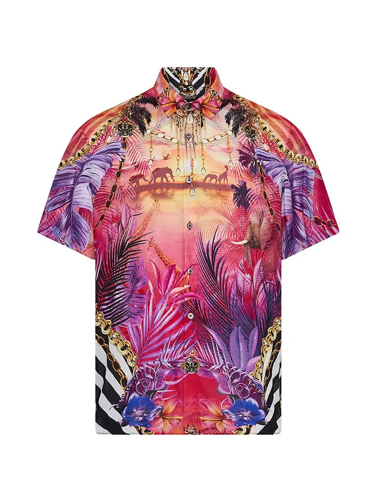 Tropical Elephant Print Short-Sleeve Button-Up Shirt