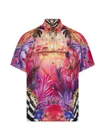 Tropical Elephant Print Short-Sleeve Button-Up Shirt