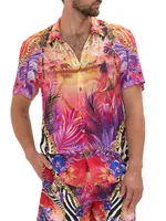 Tropical Elephant Print Short-Sleeve Button-Up Shirt