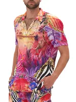 Tropical Elephant Print Short-Sleeve Button-Up Shirt