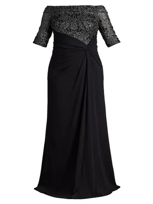 Plus Lace & Crepe Off-The-Shoulder Gown