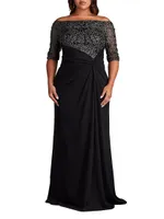 Plus Lace & Crepe Off-The-Shoulder Gown