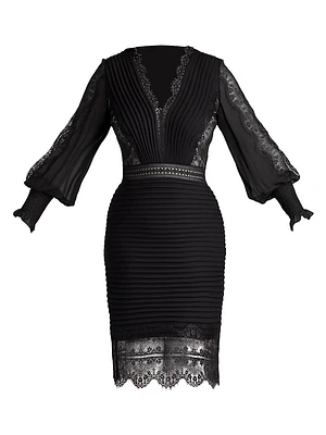 Plus Pleated Lace-Trimmed Sheath Dress