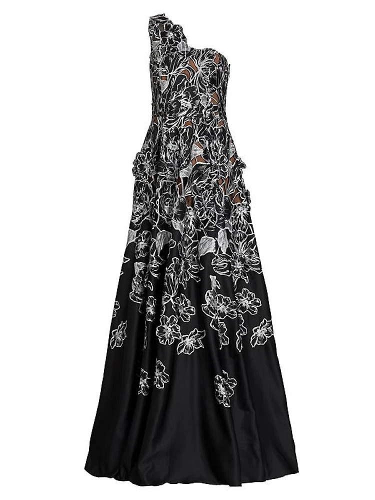 Floral-Embroidered One-Shoulder Gown