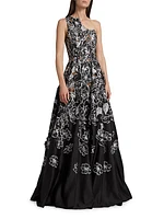 Floral-Embroidered One-Shoulder Gown