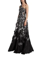 Floral-Embroidered One-Shoulder Gown