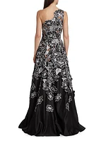 Floral-Embroidered One-Shoulder Gown