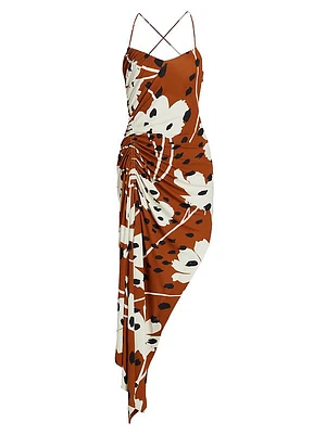 Floral Asymmetric Draped Midi-Dress