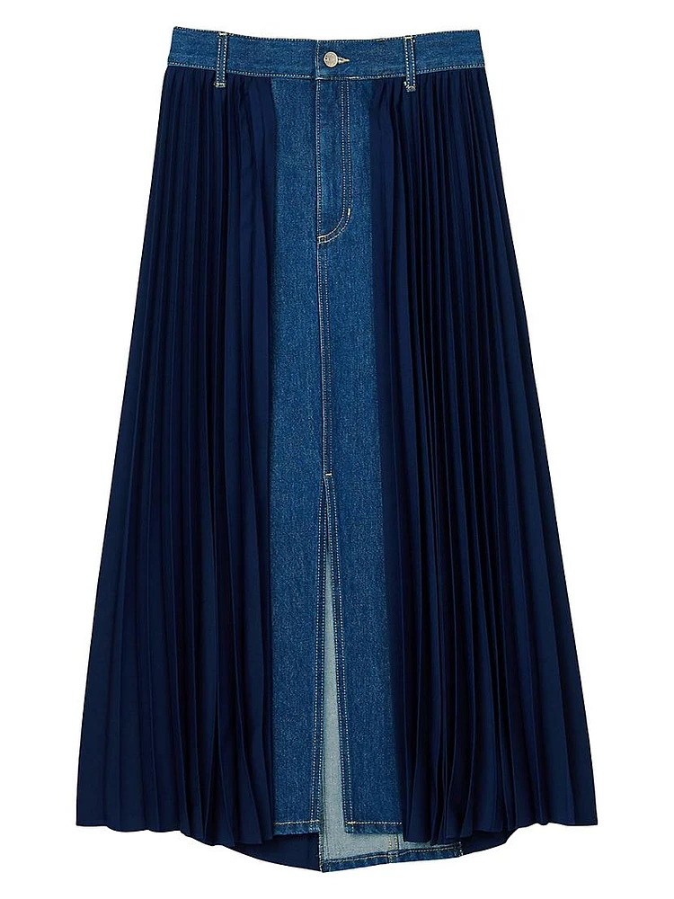 Dual Material Denim Pleated Skirt