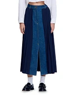 Dual Material Denim Pleated Skirt