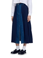 Dual Material Denim Pleated Skirt