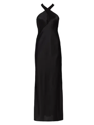 Evelyn Satin Crisscross Halter Gown