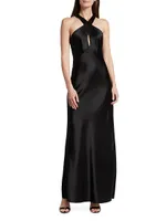 Evelyn Satin Crisscross Halter Gown