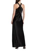 Evelyn Satin Crisscross Halter Gown