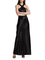 Evelyn Satin Crisscross Halter Gown